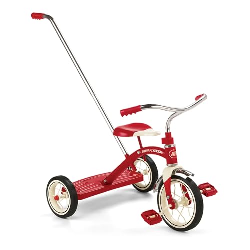 Radio Flyer 34TX Kids Beginner Classic Steel Framed 10 Inch Front Wheel Adjustable Seat Tricycle with 3 Position Push Handle, Red