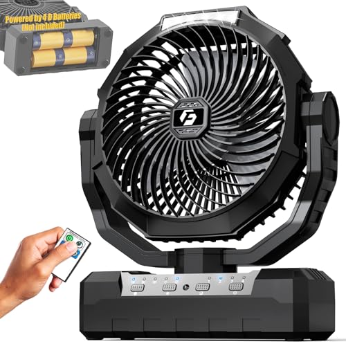 Battery Operated Fan [200H Max], 2 in 1 D-Cell Battery & USB Powered Fans, Portable Camping Fan with 4 Speeds, Light, Timer, Remote for Outdoor Tent, Travel, Picnic, Office, Bedroom - Black