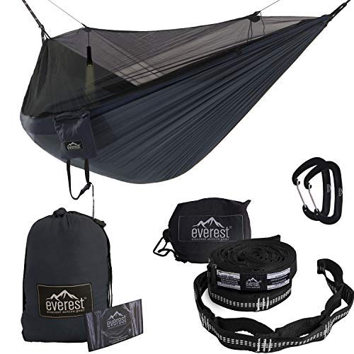 Everest Double Camping Hammock with Mosquito Net | Bug-Free Camping, Hiking, Backpacking & Survival Outdoor Hammock Tent | Reversible, Integrated, Lightweight, Ripstop Nylon | Navy/Charcoal/Net Black