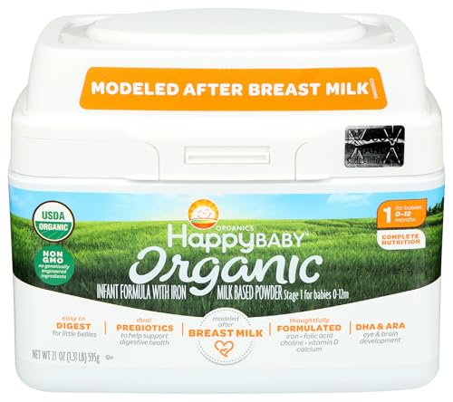 Happy Baby Organics Infant Formula, Milk Based Powder with Iron Stage 1, 21 Ounce (Pack of 1) packaging may vary