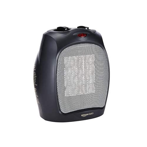 Amazon Basics Ceramic Space Heater, Portable Indoor Heating Solution, With Overheat and Tip-Over Protection, Thermostat, Non-Oscillating, 1500W, 7.52'D x 6.34'W x 9.45'H, Black