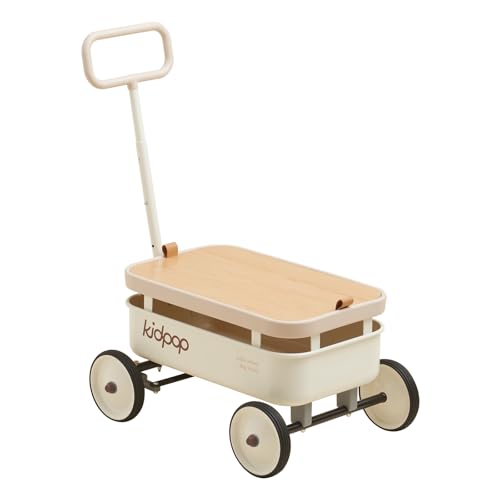 PULA-Wild 3-in-1 Kids' Pull-Along Wagon Toddlers Push Walker for 2.5-8, Removable Wooden Cover and Adjustable Handlebar, Birthday Gifts Max Weight 33 lbs (White)
