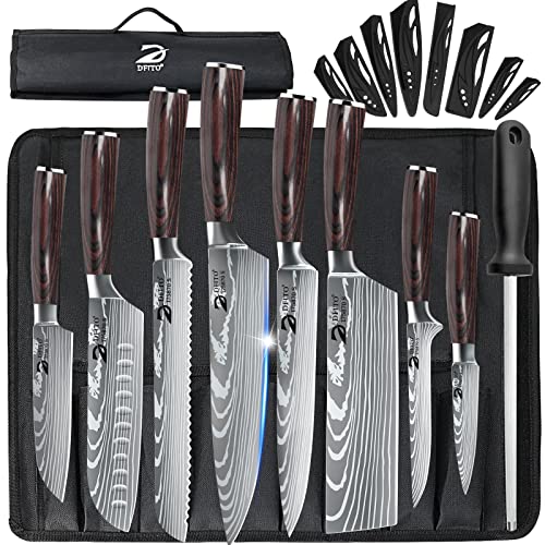 Dfito Chef Knife Sets with Roll Bag, 9 Pieces Professional Knife Set, High Carbon Stainless Steel Kitchen Chef Knife Set, Red Pakkawood Handle, Dishwasher Safe