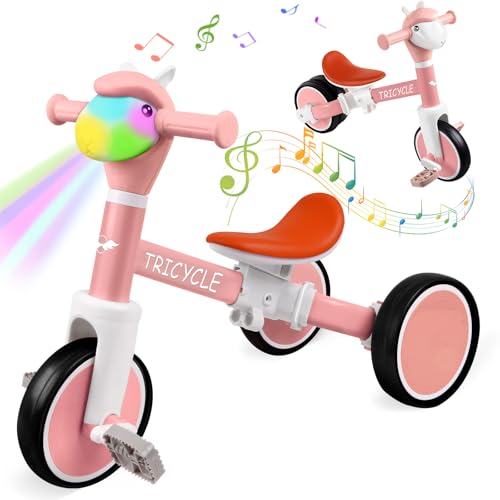 Tricycle for Toddlers 1-5 Year Olds, Toddler Balance Bike for Boys Girls 2-4, Toddler Tricycle with Light & Music Front, Kids Bicycle with Removable Pedal, Birthday Gifts for 1 2 3 4 5 Year (Pink)