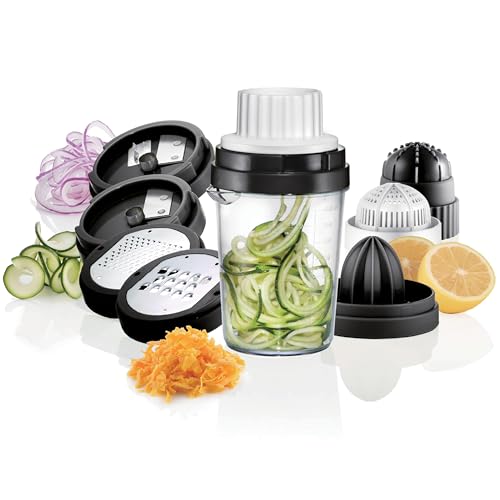 Nourished Essentials 8-in-1 Spiralizer Juicer Grater Set of 9 - Compact Plastic Vegetable Noodle Maker with Stainless Steel Blades - Dishwasher Safe - Spiralizer for Veggie Noodles