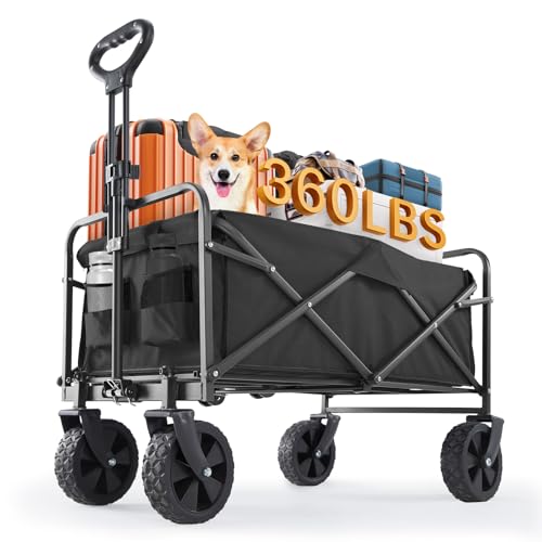 Sweetcrispy Collapsible Foldable Wagon Cart, Large Capacity Garden Cart with Wheels, Heavy Duty Utility Grocery Wagon with Drink Holders for Shopping Sports Camping, Large Black