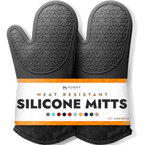 BPA-Free Silicone Oven Mitts Ultra Heat Resistant up to 500°F - Oven Mitts with Thick Cotton Liner - Long Slip Resistant Pot Holders, Flexible Oven Gloves - Black 13.7'