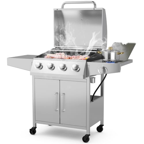 Giantex 4-Burner Propane Gas Grill with Side Burner, Stainless Steel Outdoor BBQ Grill, 50,000 BTU, 460 sq.in Cooking Area, 2 Prep Tables, Thermometer, Storage Cabinet & Wheels