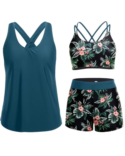 Holipick Green and Flower 3 Piece Tankini Swimsuits for Women Tummy Control Bathing Suits Swim Tank Top with Bra Boy Shorts Teen Swimwear L
