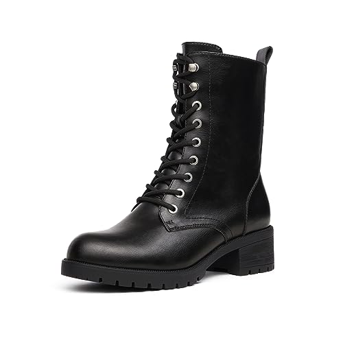 DREAM PAIRS Black Lace-up Combat Boots Mid-calf Military Winter Boot for Women,Size 8,Black/Pu,DMB214