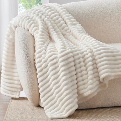 BEDELITE Fleece Throw Blanket for Couch - 300GSM Soft & Warm Fluffy Cream White Blanket, Decorative and Giftable Striped Blankets for Women, Men, 50'x60'