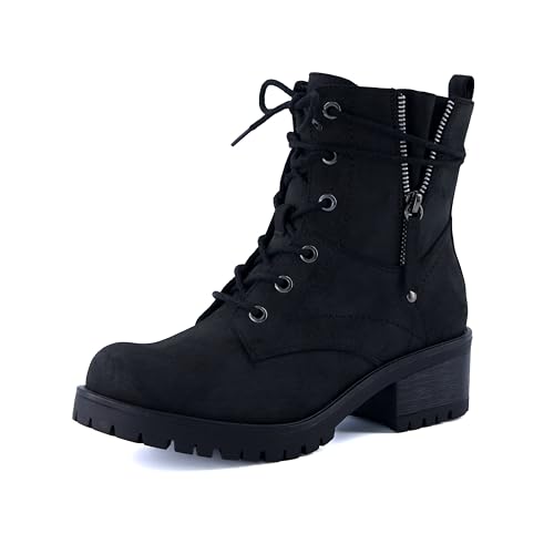 Dunes Women's Kobe Heeled Combat Lace Up Boot with side zip, Wide Widths Available, Black, 8