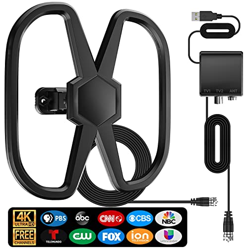 TV Antenna Indoor for 2 TVS, 3100+ Miles Long Range,Digital Antennas Smart TV Outdoor,2025 Strongest Amplifier Signal Booster,360°/90° Rotate HDTV Antenna Local Channel-Support All TVs-38ft Cable