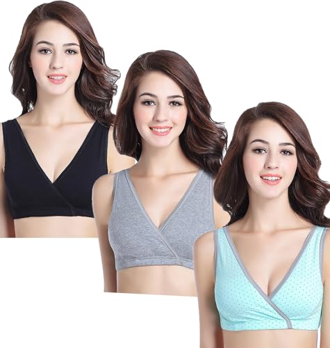 CAKYE Women's Maternity Nursing Bra for Sleep and Breastfeeding 3 Pcs/Pack (Large/38B,38C,38D, Black/Gray/Light Green)