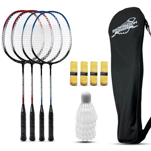 Magicorange Badminton Rackets Set of 4 for Outdoor Backyard Games, Including 4 Racquets,4 Shuttlecocks, 4 Replacement Grip Tapes & 1 Carry Bag (Blue+Red)