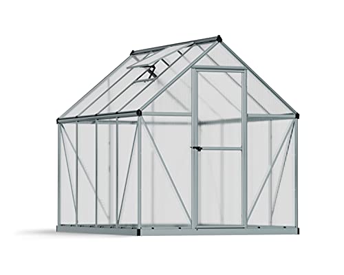 Canopia 6x8 Greenhouse Kit, Hobby Walk-In Twin-Wall UV Polycarbonate Heavy Duty Aluminum Frame, Lockable Door, Adjustable Roof Vent, Rain Gutters, Galvanized Steel Base, Mythos (Silver)