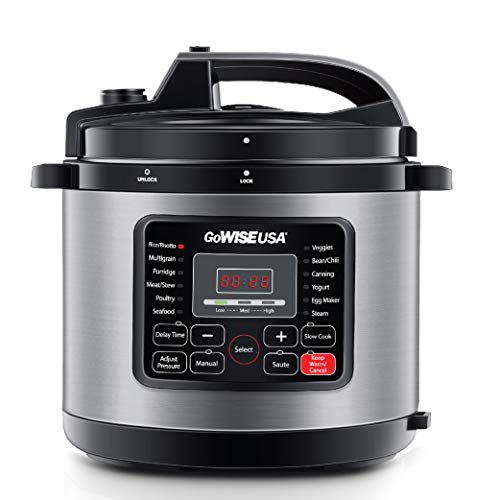 GoWISE USA 8-Quarts 12-in-1 Electric Pressure Cooker + 50 Recipes for your Pressure Cooker Bookwith Measuring Cup, Stainless Steel Rack and Basket, Spoon (Stainless Steel)