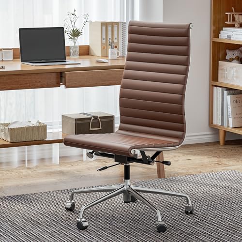 OTDMEL Armless Ribbed Office Desk Chair with Top Grain Leather, High Back Ergonomic Swivel Room Chair, Adjustable Height 5-Star Base, Brown