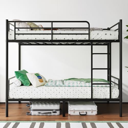 QUJEON Bunk Beds,Bunk Bed Twin Over Twin for Kids Teens Adults with Ladders and Guardrail,Sturdy Literas Heavy Duty Metal Slats,400 lbs Capacity,No Spring Box Required,Black