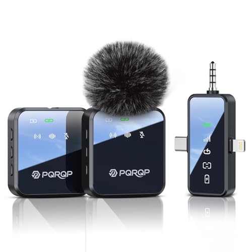 PQRQP 3-in-1 Mini Microphone for iPhone/Android/Camera, Hi-Fi Audio, 48kHz/24-bit, Wireless Microphones, 328ft Range, 20H Battery, Lapel Mic with Noise Reduction for Live Streaming, TikTok, YouTube