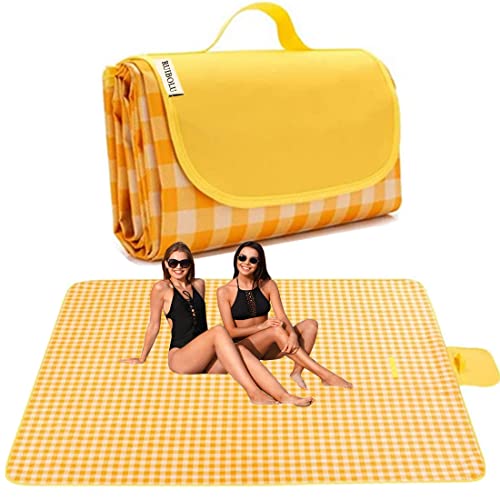 Extra Large Picnic Blanket Beach Blankets, 80''x80'' Picnic Mat Waterproof Sand Proof Foldable Portable for Outdoor Camping Hiking Travel Grass Park Music Festival Lawn Mats (yellow, 80x80 inch)