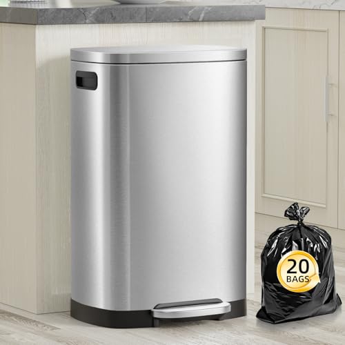 KdbK 13 Gallon Trash Can with Lid, 50L Fingerprint Proof Stainless Steel Kitchen Trash Can with Removable Inner Bucket and Lid Soft Close, Pedal Rubbish Bin for Home Office