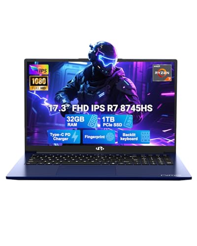 NIMO 17.3' IPS FHD-Gaming-Laptop, AMD Ryzen 7 8745HS 32GB DDR5 RAM 1TB SSD (8C/16T, up to 4.9GHz) Radeon 780M Graphics Business Computer with 100W Type-C Backlit Keyboard, Fingerprint USB-C 4.0