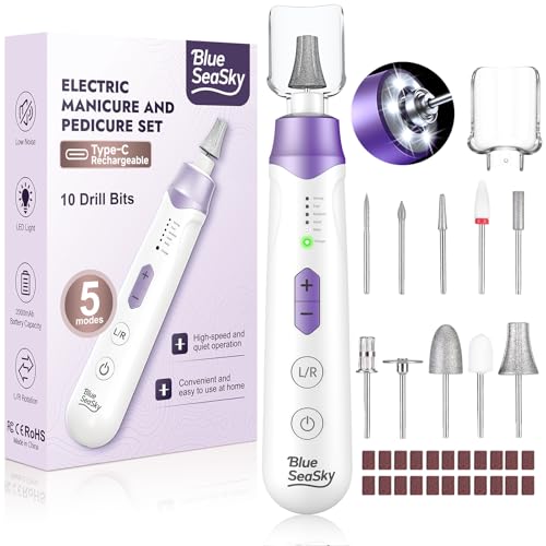 Professional Electric Nail Drill 2000mAH Portable Cordless Electric Nail File 10 in 1 Manicure Pedicure Kit ,5-Speeds Toe Nail Tools Hand Foot Care,Thick Toenail Grinder for Women Men Pets (Purple)
