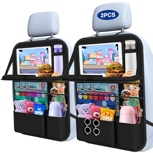 Oneyus Car Backseat Organizer with Table Tray(2-Pack) 9 Storage Pockets Backseat Car Organizer and storage with Tablet Holder, Kick Mats Back Seat Cover for Kids family Road Trip Essentials Travel