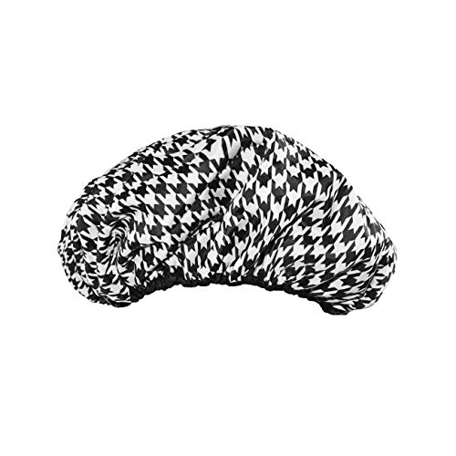 Reusable Nylon Shower Cap & Bath Cap, Reversible Oversized Waterproof Shower Caps Large Designed for all Hair Lengths w Terry Lining & Elastic Band Stretch Hem Hair Hat - Socialite Houndstooth