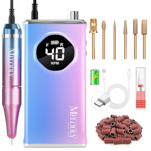 Electric Nail Drill File Professional 40000 RPM, Melodly Rechargeable Electric Nail File Machine Kit for Acrylic Gel Nails Polishing Removing, Portable Cordless Efile with Gold Bits Kit at Salon Home