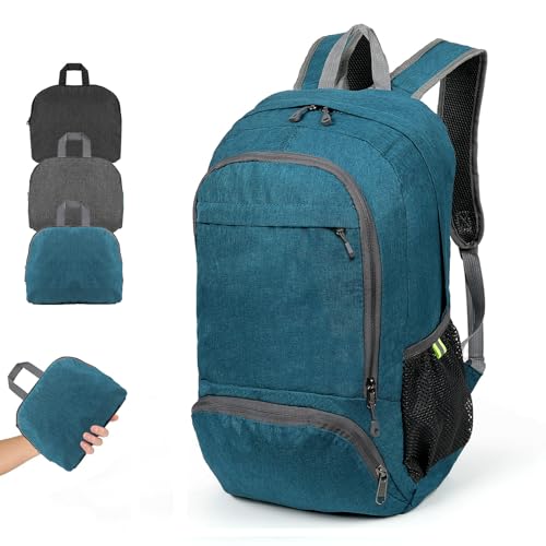 TANTOMI Small Hiking Backpack, 25L Ultralight Foldable Camping Backpack Breathable Travel Backpacks Hiking Daypack for Men Women (Teal Blue)