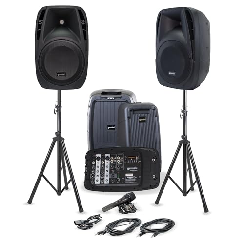 Gemini Portable PA System with Stands, Bluetooth, 600W Powered System with 6-Channel Mixer, Dual 10' Speakers, Mic & Cables—All-in-One for Events, DJs & Fitness (ES-210MXBLU-ST)