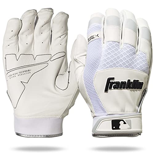Franklin Sports MLB Baseball Batting Gloves - Shok-Sorb X Batting Gloves for Baseball + Softball - Adult + Youth Padded Non-Sting Pairs - White - Adult Large