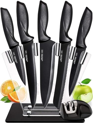 Home Hero Kitchen Knife Set with Sharpener - High Carbon Stainless Steel Knife Block Set with Ergonomic Handles (7 Pcs - Black)