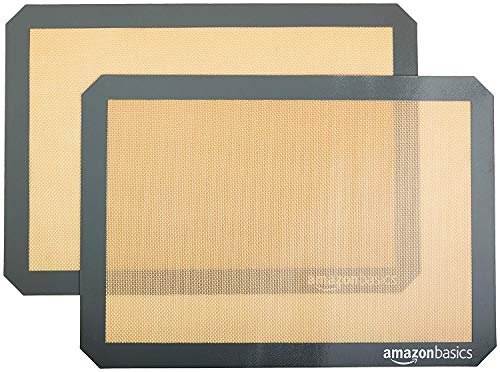 Amazon Basics Silicone Rectangular Baking Mat, Non-Stick Reusable Oven Bakeware, 16.5' x 11.6', New Beige/Gray, Pack of 2