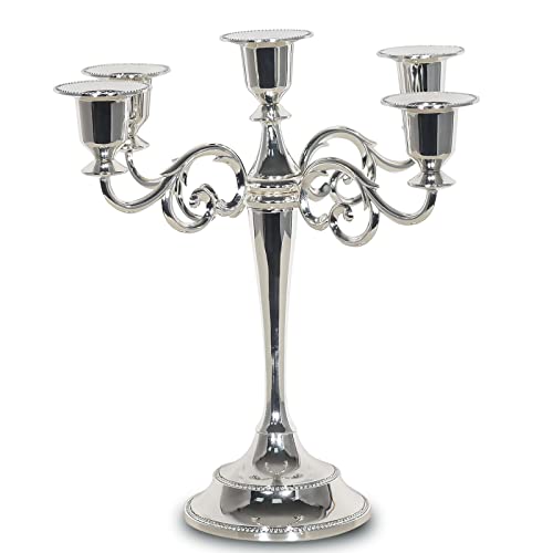 Silver 5-Candle Metal Candelabra - Candle Holder 10.6 inch Tall Candlestick Holders for Valentine Christmas Home Party Dinning Candle Stand
