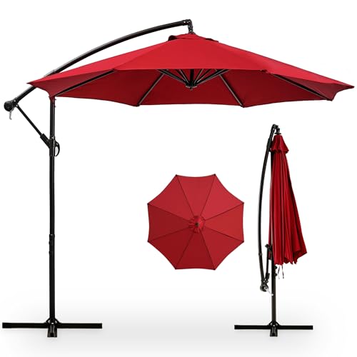 VECELO 10ft Offset Patio Umbrella, Cantilever Umbrella, Hanging Outdoor Umbrellas with 8 Ribs, Market Umbrella w/UV Protection Waterproof for Market/Backyard/Pool/Garden/Lawn, Handy Crank&Cross Base