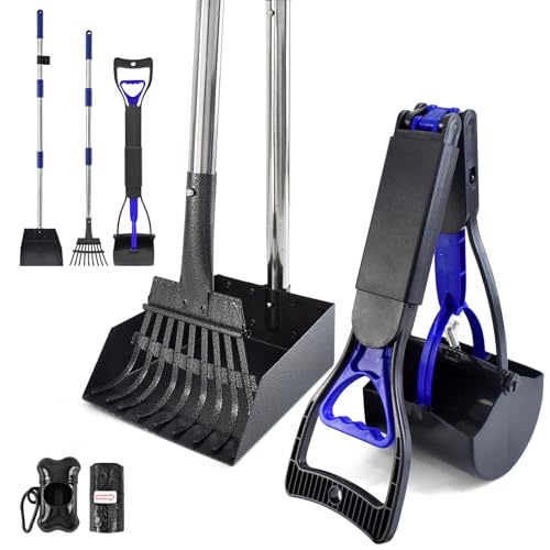 5-in-1 Dog Pooper Scooper Set – 28″Portable Poop Scooper with Long Handle Stainless Metal Tray & Rake,Heavy Duty Pooper Scooper for Large Medium Small Dogs,Includes 20 Poop Bags & 1 Dispenser for Yard