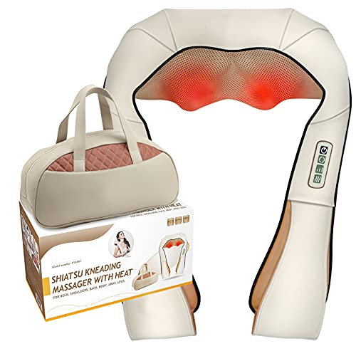 FIVE S FS8801 Shiatsu Neck and Back Massager with Heat, Deep Kneading Massage for Neck, Shoulders, Back, Legs, Feet - for Home, Office, Car - Beige