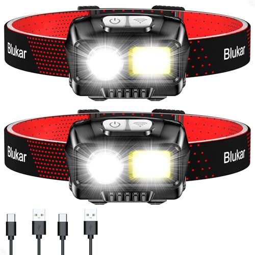 Blukar LED Headlamp Rechargeable,2000L High Lumen Super Bright Dimmable Headlight Flashlight with Motion Sensor- 8 Modes,Spotlight&Floodlight,IPX5 Waterproof for Camping,Hiking,Running,Fishing -2 Pack