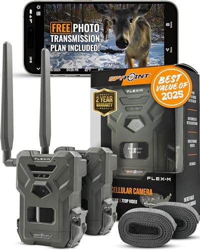 SPYPOINT Flex-M Twin Pack Cellular Trail Cameras - Best Hunting Accessories, No WiFi Needed, GPS, Night Vision, Dual-Sim LTE, IP65 Water-Resistant Game Camera, 28MP Photos, 720p Videos + Sound (2)