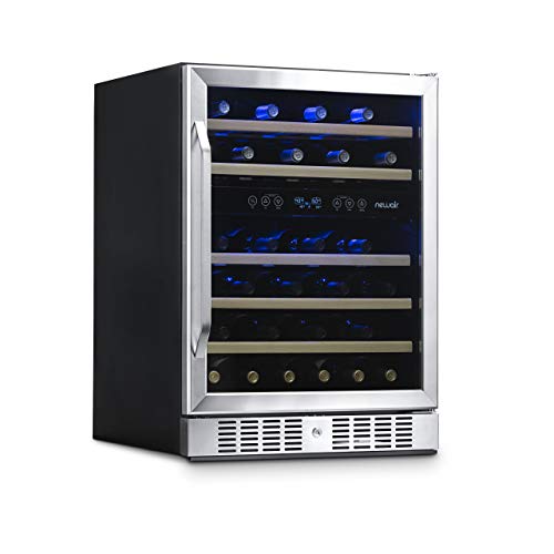 NewAir 24' Built-in Wine Fridge, 46 Bottle Dual Zone Wine Cooler with Lock, Stainless Steel Under Counter Wine Refrigerator with Removable Wooden Shelves for Home Bar & Kitchen Cabinet