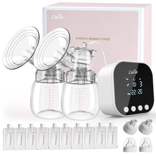 Lulia Double Electric Breast Pump, Breastfeeding Pump 4 Modes & 9 Levels, Low Noise, Anti-Backflow & LED Display, BPA Free, Portable Breast Pumps with 10 Breastmilk Storage Bags and 24mm Flange