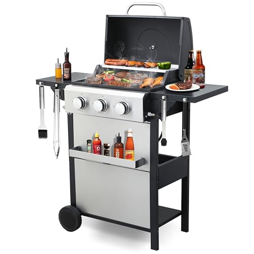 3-Burner Propane Gas Grill with 2 Foldable Side Tables, 25,650 BTU Outdoor BBQ Grill with Porcelain-Enameled Flame Tamers, Built-in Thermometer, Easy Assembly for Patio, Backyard BBQ