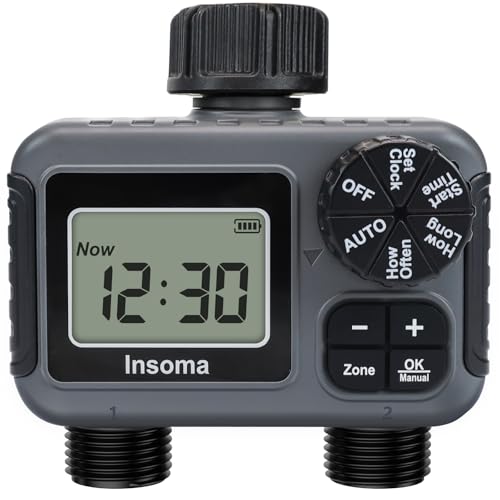 Insoma 2-Zone Sprinkler Timer, Programmable Garden Hose Timer with Auto/Manual/Rain Delay Modes | Water-Saving Irrigation Controller for Lawn, Yard & Drip Systems | Waterproof Design & Easy Setup