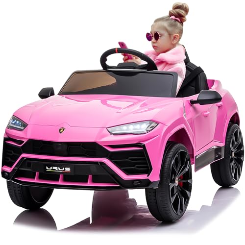Electric Car for Kids 12V Licensed Lamborghini Ride On Car with Remote Control,Max Speed 2.5Mph,LED Lights,Music Players,Lockable Doors,Spring Suspension,Toddler Cars to Drive,Pink