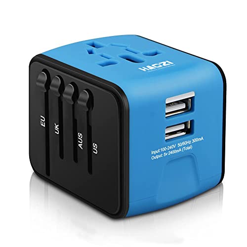 Universal Travel Adapter, HAOZI All-in-one International Power Adapter with 2.4A Dual USB, European Adapter Travel Power Adapter Wall Charger for UK, EU, AU, Asia Covers 150+Countries (Blue)