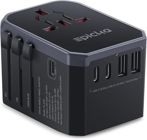 EPICKA Universal Travel Adapter, International Power Adapter with 2 USB-A & 3 USB-C Ports Wall Charger - Worldwide Travel Essentials, European Travel Plug Adapter for UK/US/AU (TA-105C, Black)
