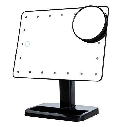 FLYMEI Vanity Makeup Mirror with Lights, Lighted Makeup Mirror with 10X Magnification, 4 AA Batteries, Touch Screen and Light Adjustable, 180° Rotation, Black